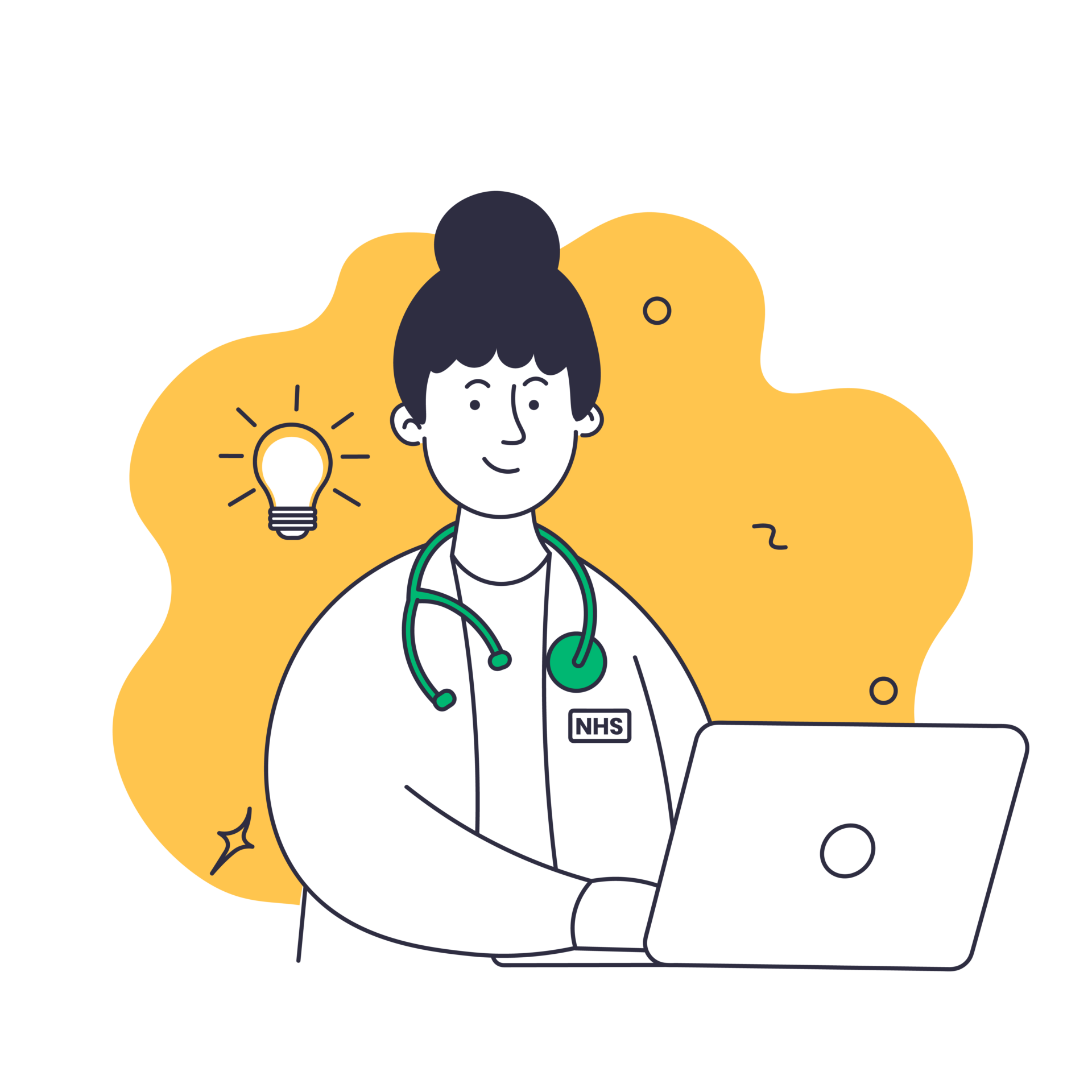 Illustration of a smiling female GP having a bright idea and working on her website content