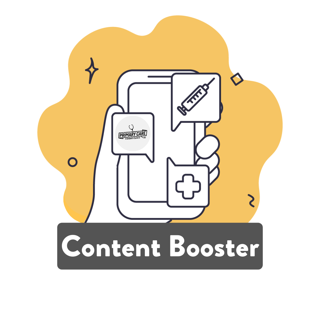 Logo illustration of a smartphone with text, video and medical content promoting the Content Booster service