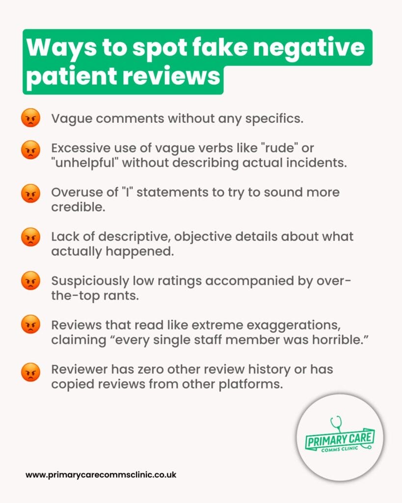 List of ways to spot fake negative Google reviews from patients